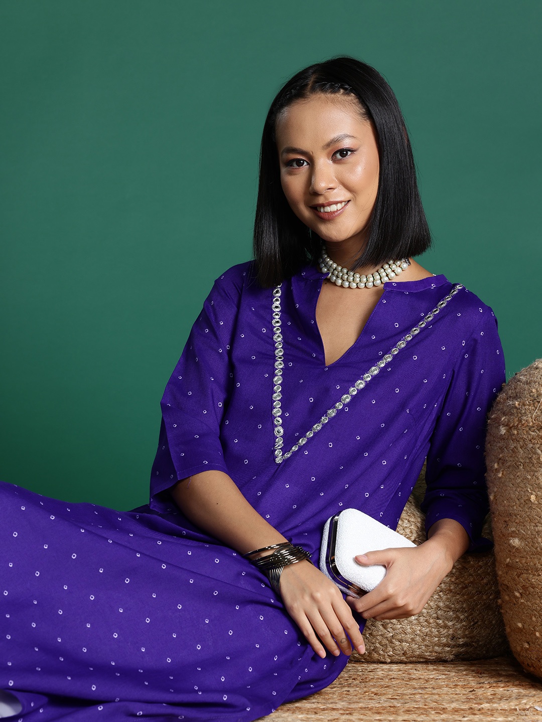 

Sangria Bandhani Printed Mirror Work A-line Kurta, Purple