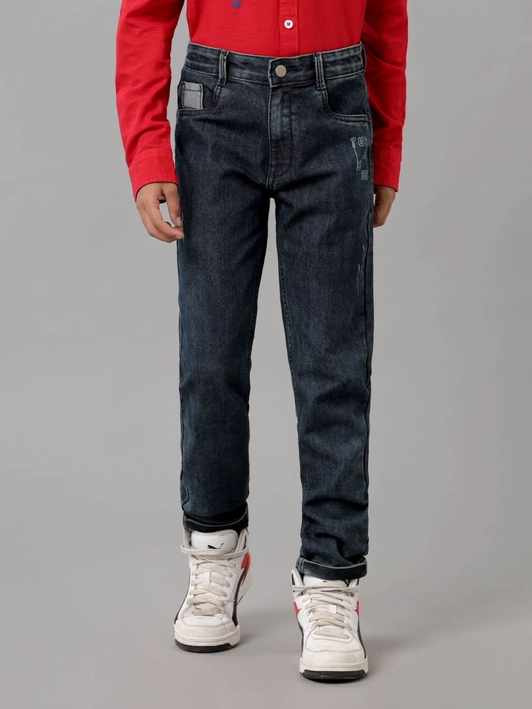 

UNDER FOURTEEN ONLY Boys Slim Fit Low Distress Cotton Jeans, Navy blue