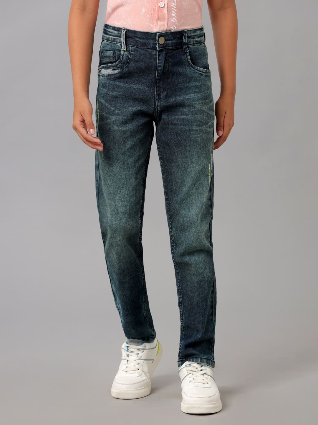 

UNDER FOURTEEN ONLY Boys Slim Fit Low Distress Heavy Fade Cotton Jeans, Green