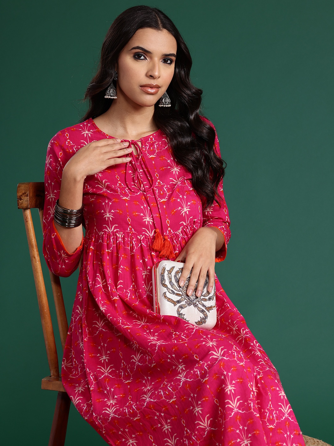 

Sangria Women Ethnic Motifs Printed Pure Cotton Kurta with Trousers, Pink