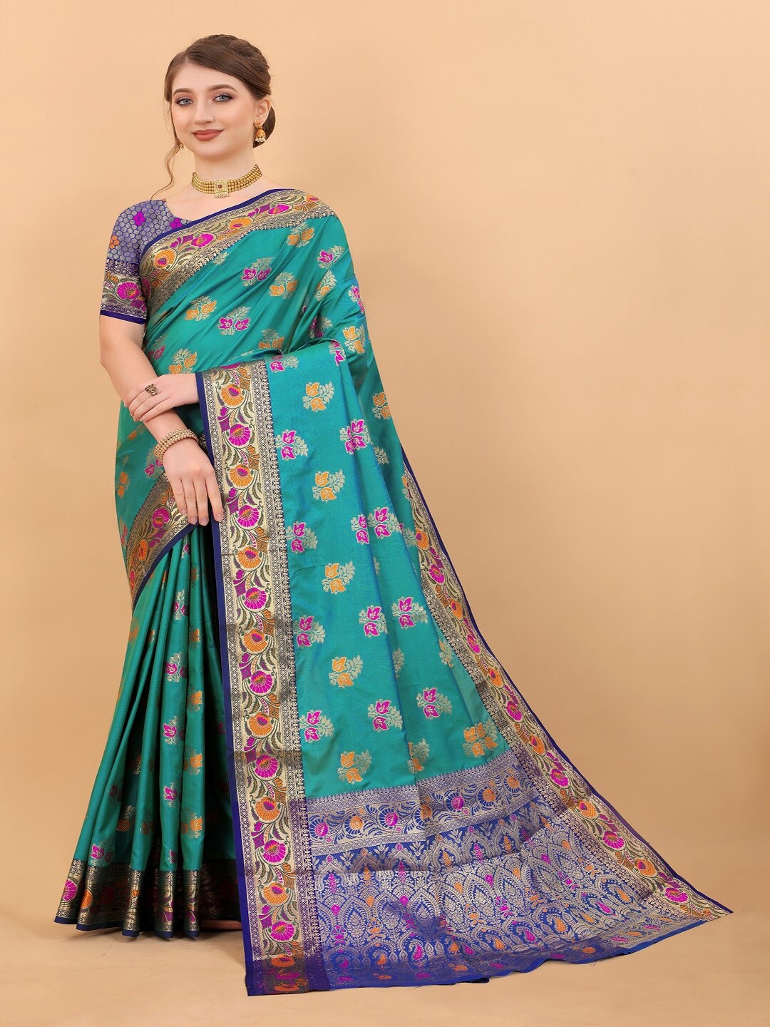 

faxofab Blue & Navy Blue Ethnic Woven Design Zari Silk Banarasi Saree