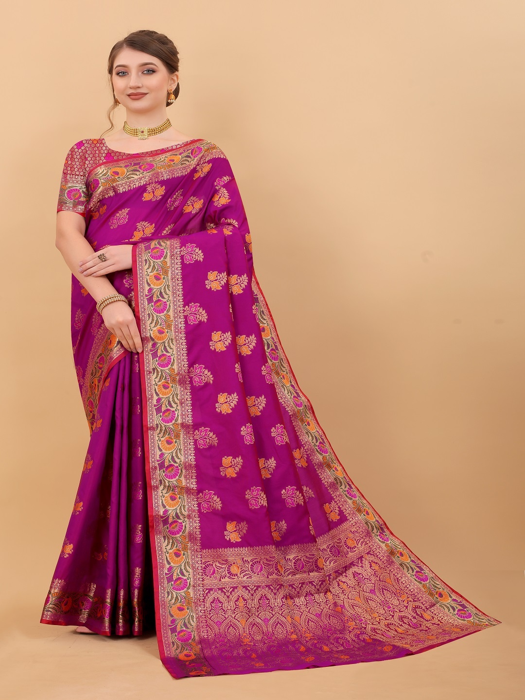

faxofab Pink & Orange Ethnic Woven Design Zari Silk Banarasi Saree