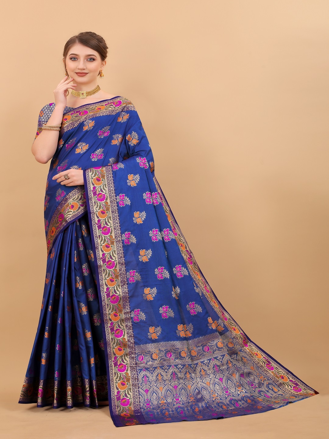 

faxofab Ethnic Motifs Woven Design Zari Banarasi Saree, Navy blue