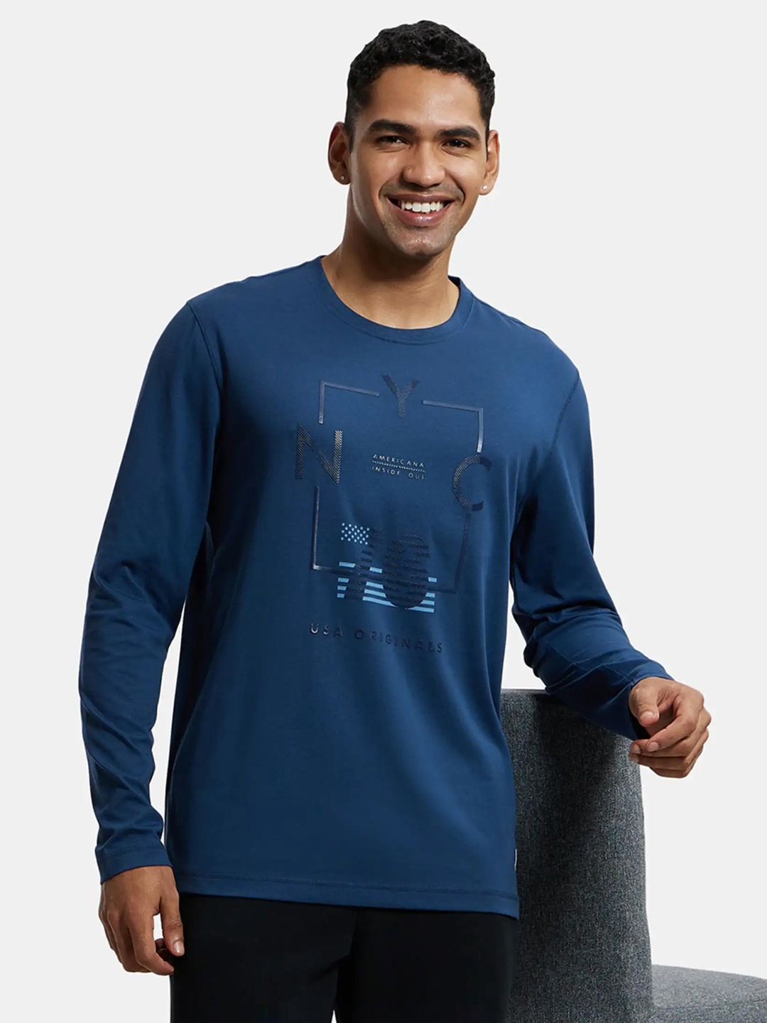 

Jockey Combed Cotton Rich Graphic Round Neck Full Sleeve Tshirt-US82, Blue