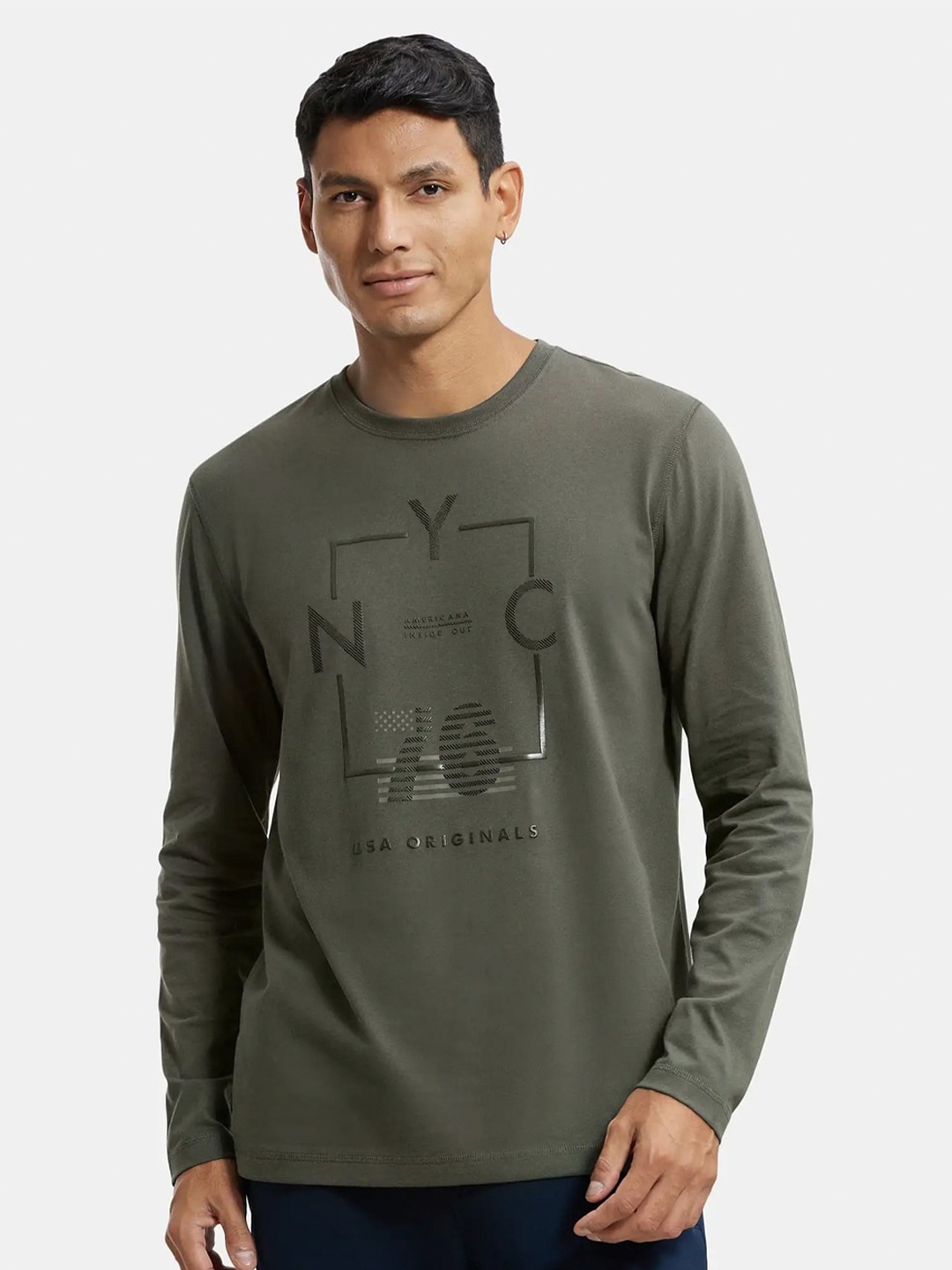 Jockey Combed Cotton Rich Graphic Round Neck Full Sleeve Tshirt-US82, Olive