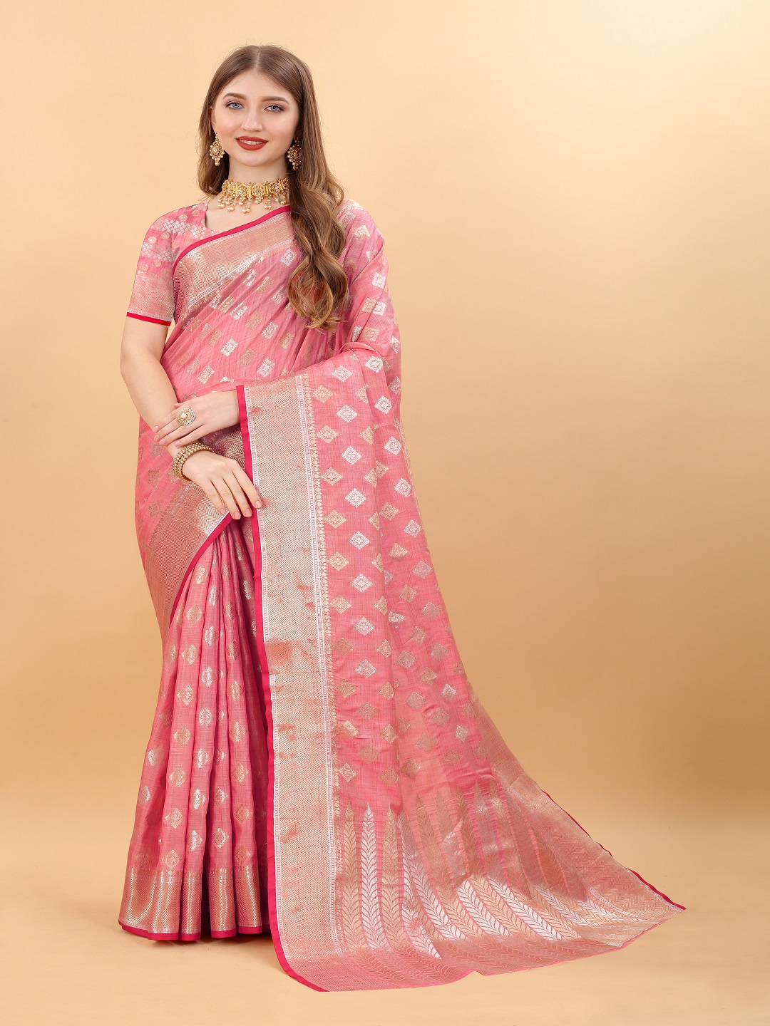 

faxofab Ethnic Motifs Woven Design Zari Silk Cotton Banarasi Saree, Pink