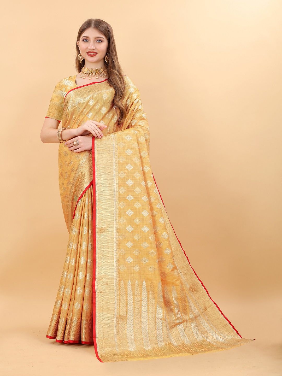 

faxofab Ethnic Motifs Woven Design Zari Silk Cotton Banarasi Saree, Yellow