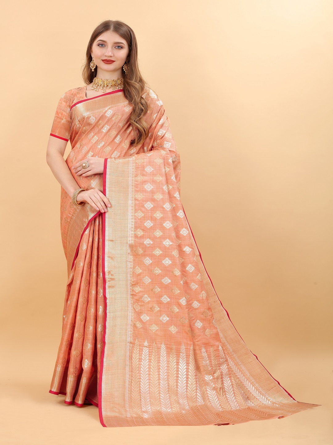 

faxofab Ethnic Motifs Woven Design Zari Silk Cotton Banarasi Saree, Orange
