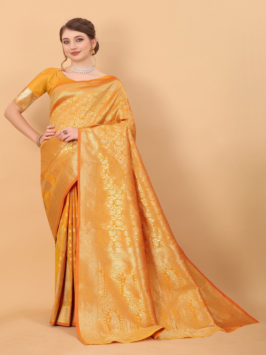 

faxofab Ethnic Motifs Woven Design Zari Banarasi Saree, Yellow