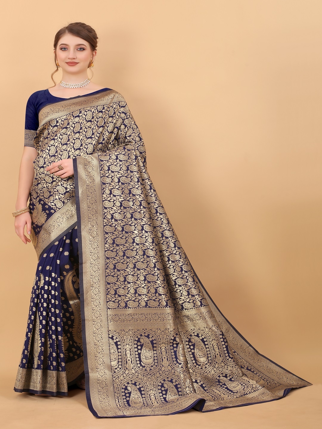 

faxofab Ethnic Motifs Woven Design Zari Banarasi Saree, Navy blue