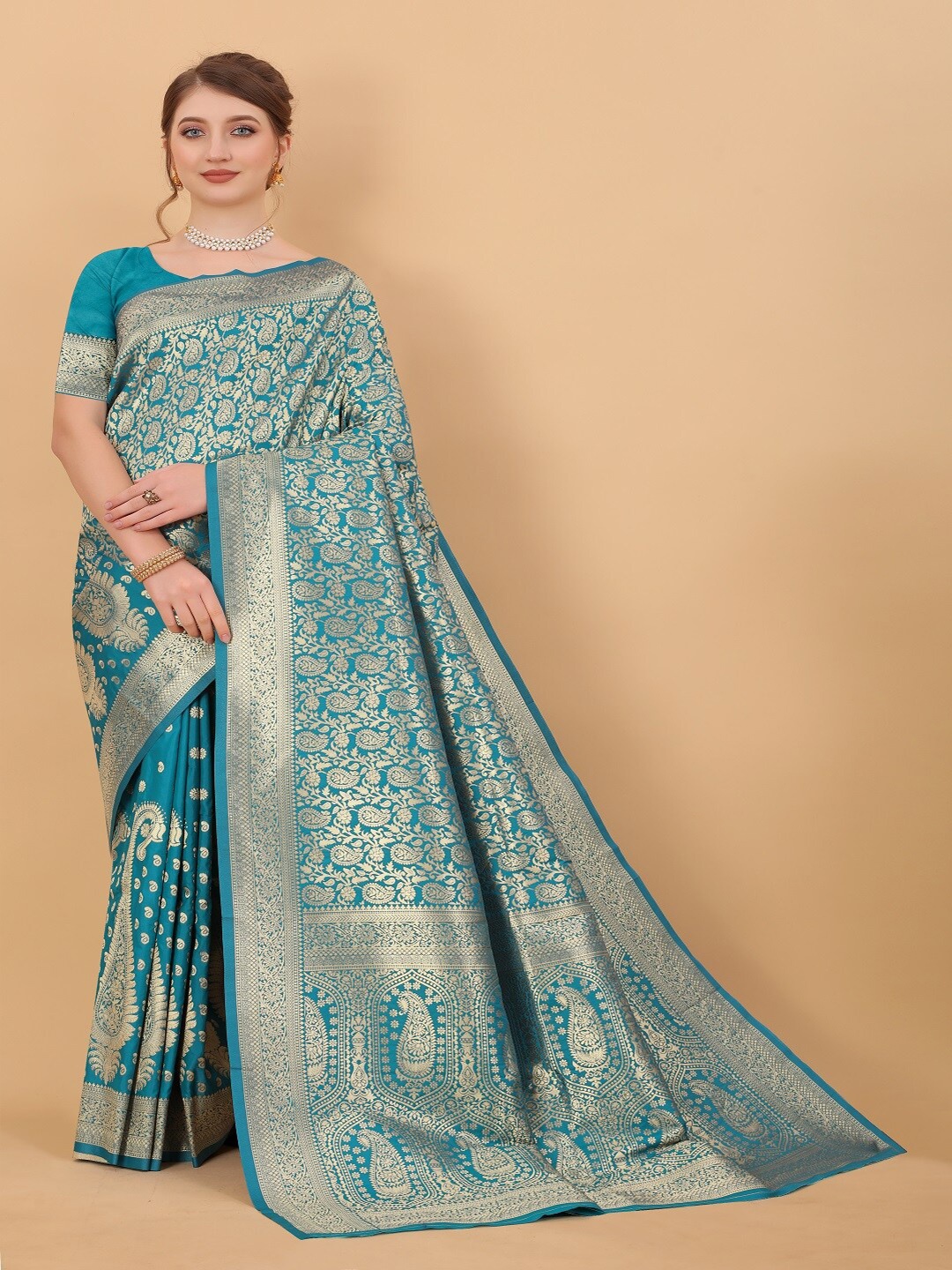 

faxofab Ethnic Motifs Woven Design Zari Banarasi Saree, Blue