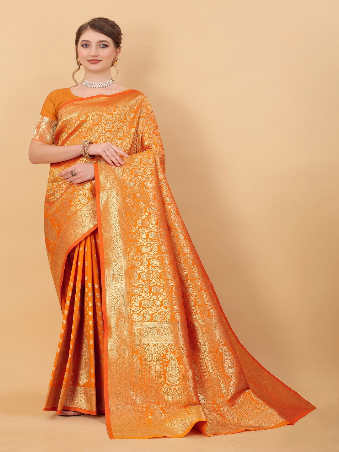 

faxofab Orange Ethnic Woven Design Zari Silk Banarasi Saree
