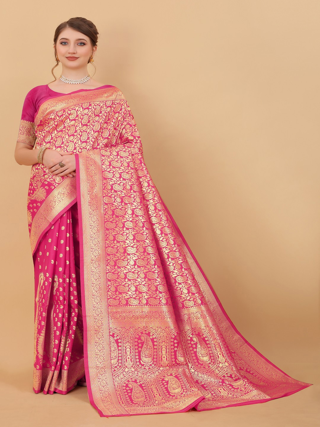 

faxofab Ethnic Woven Design Zari Banarasi Saree, Pink