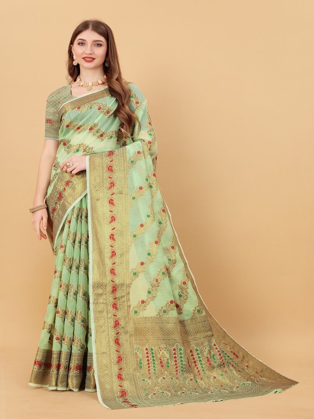

faxofab Ethnic Woven Design Zari Banarasi Saree, Green