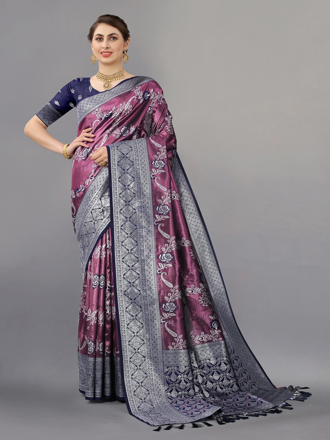 

faxofab Navy Blue & Purple Ethnic Woven Design Zari Silk Banarasi Saree