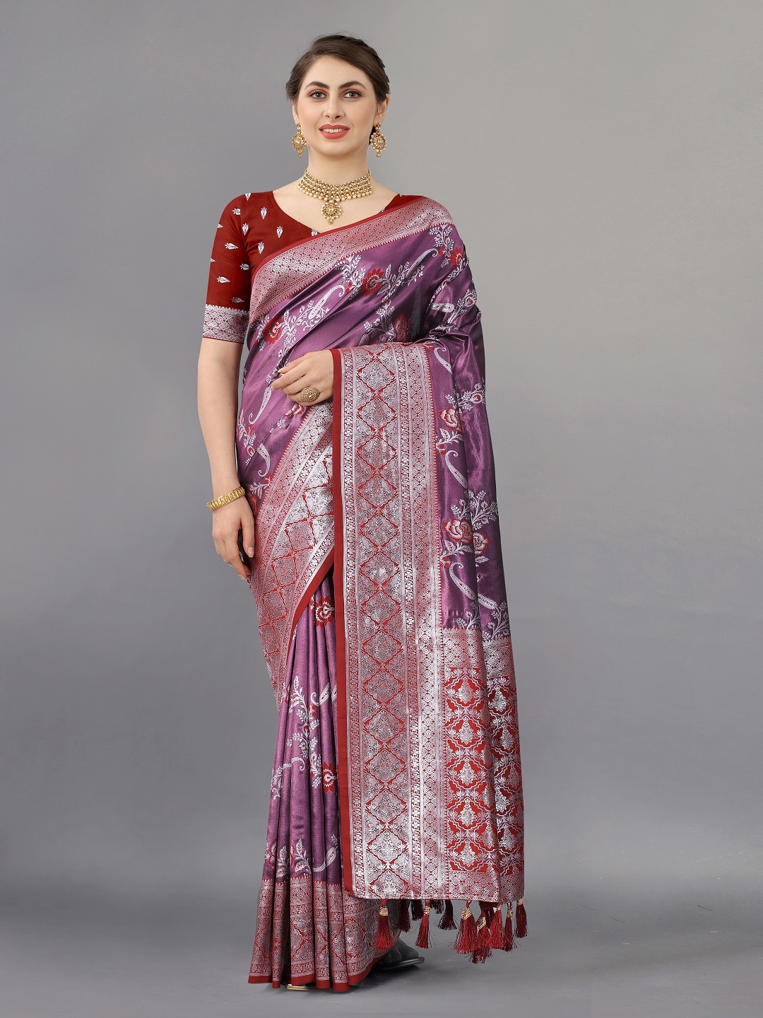 

faxofab Ethnic Woven Design Zari Banarasi Saree, Red