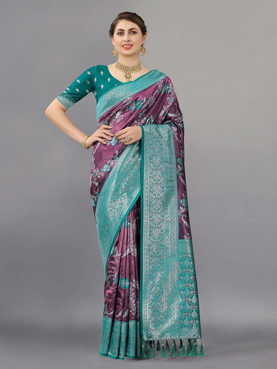

faxofab Teal & Purple Ethnic Woven Design Zari Silk Banarasi Saree