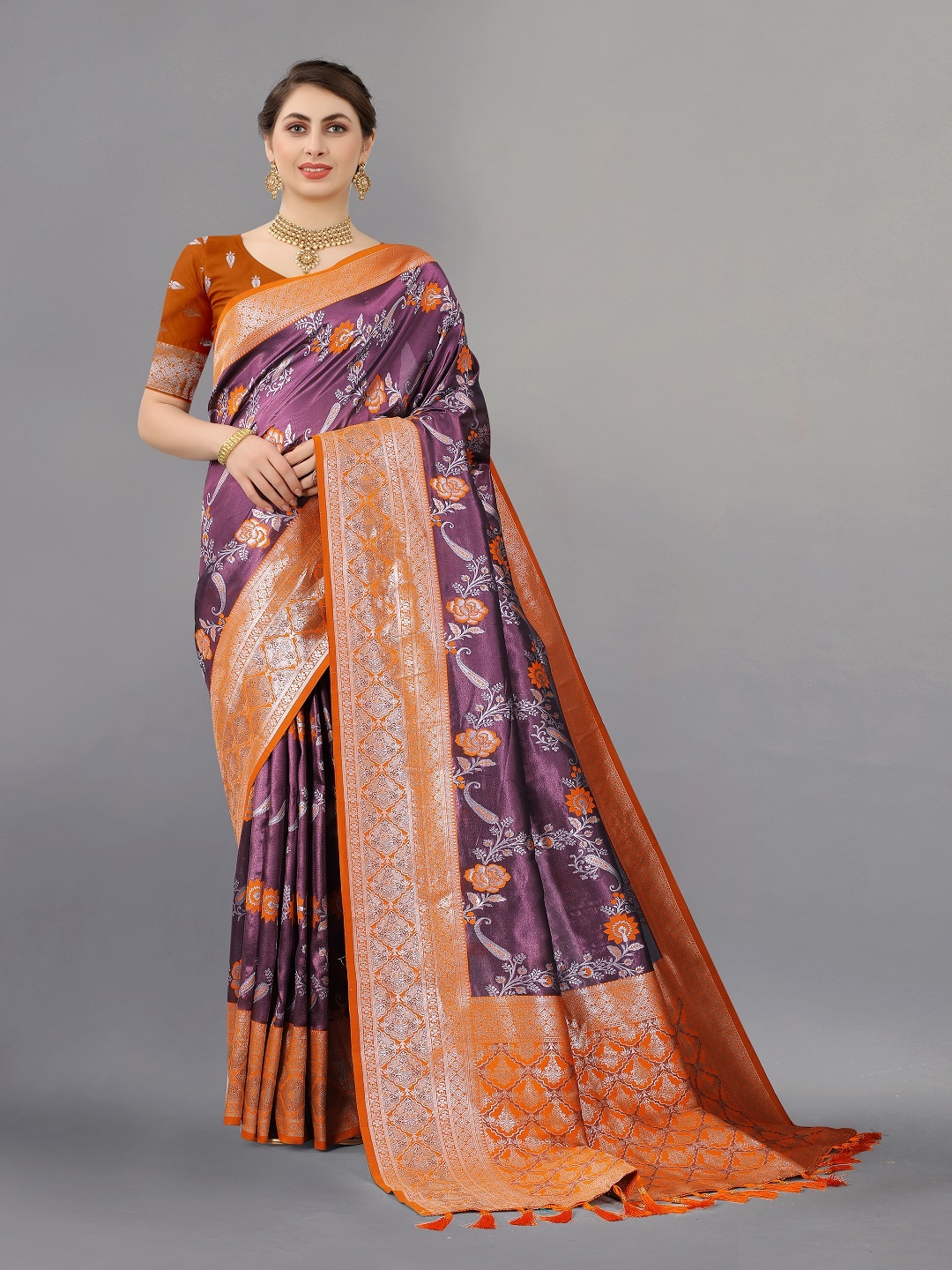 

faxofab Orange & Purple Ethnic Woven Design Zari Silk Banarasi Saree
