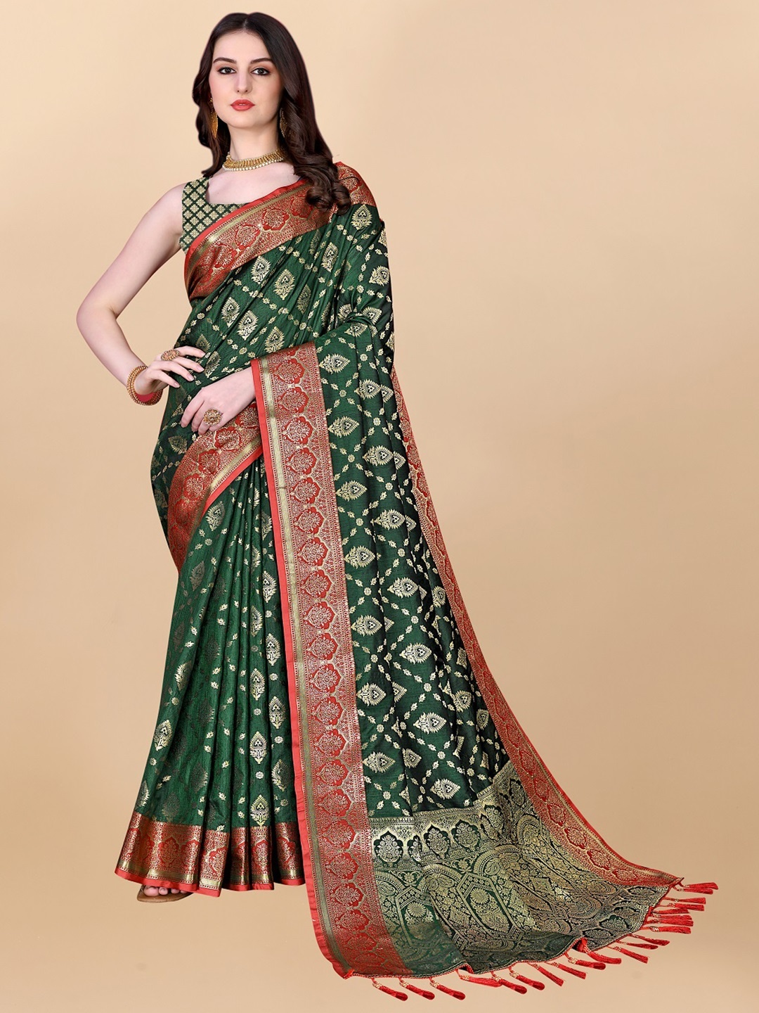 

faxofab Ethnic Woven Design Zari Banarasi Saree, Green