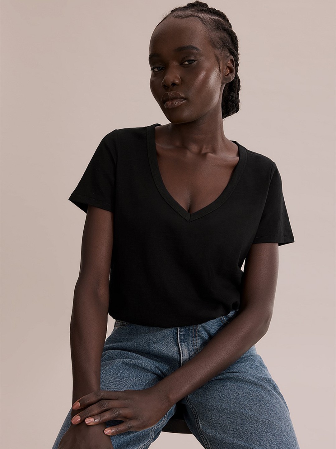 

COLOR CAPITAL Pack Of 5 V-Neck Short Sleeves Opaque Casual Top, Black