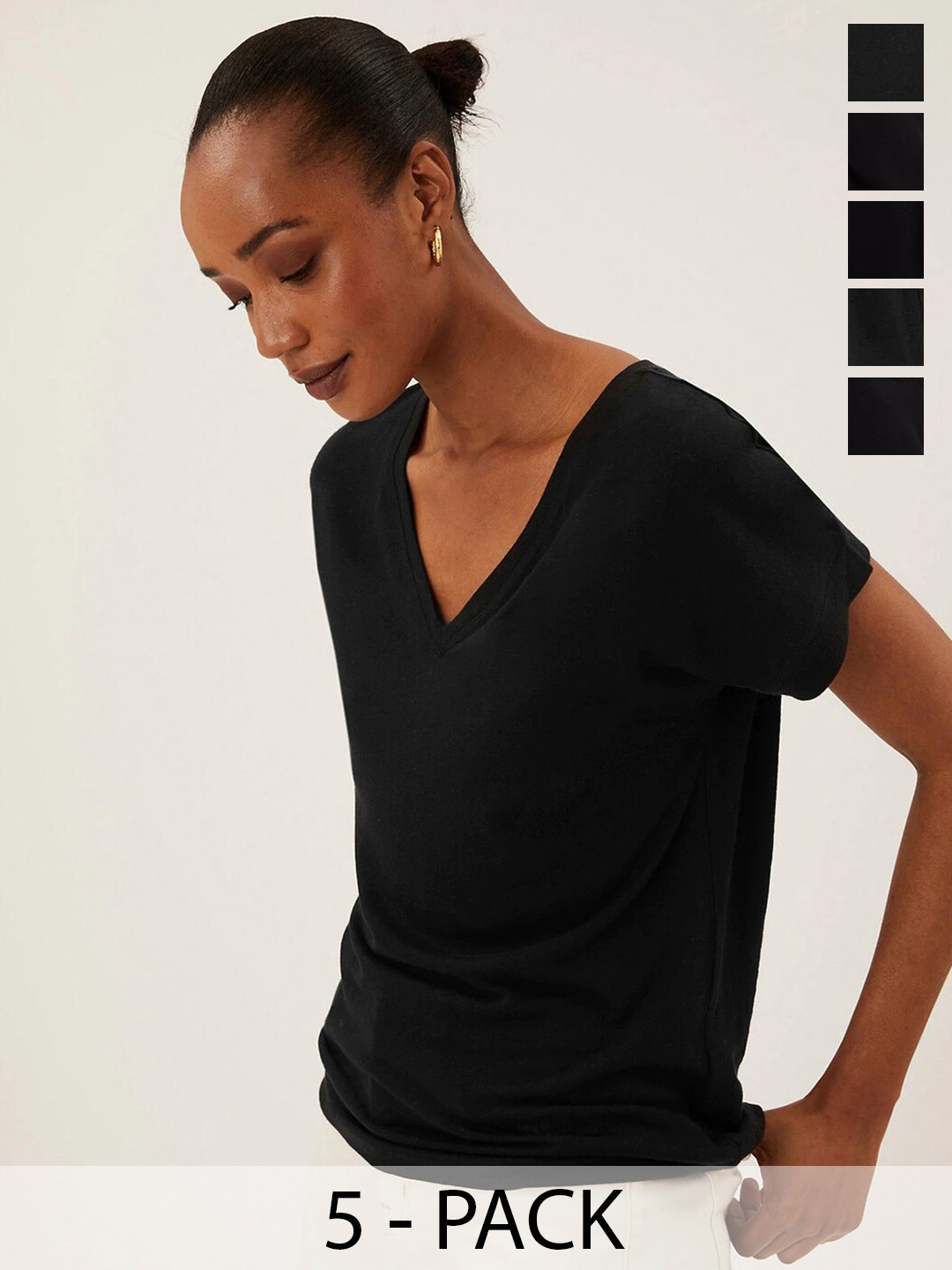

COLOR CAPITAL Pack Of 5 V-Neck Short Sleeves Regular Casual Tops, Black