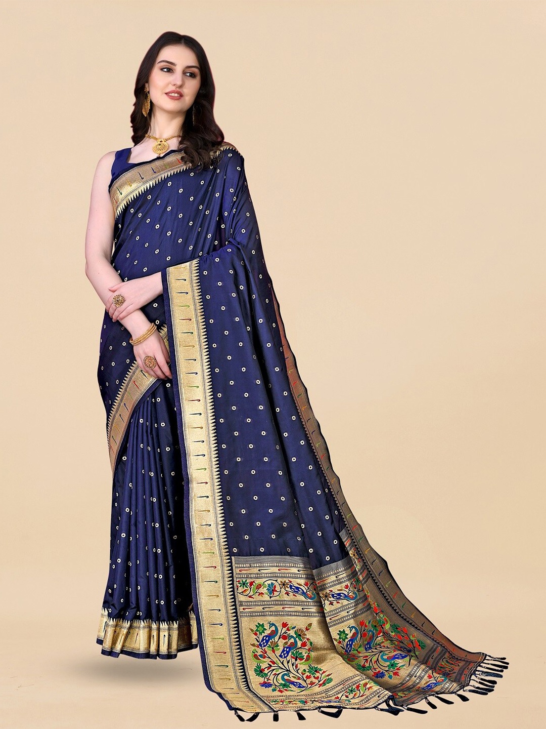 

faxofab Geometric Woven Design Zari Banarasi Saree, Navy blue