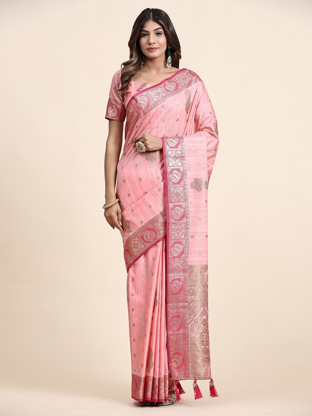 

faxofab Ethnic Motifs Woven Design Zari Banarasi Saree, Pink
