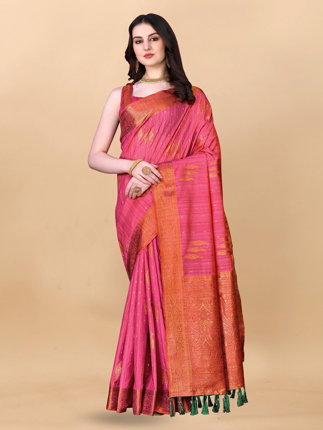 

faxofab Pink & GoldToned Ethnic Woven Design Zari Silk Cotton Banarasi Saree