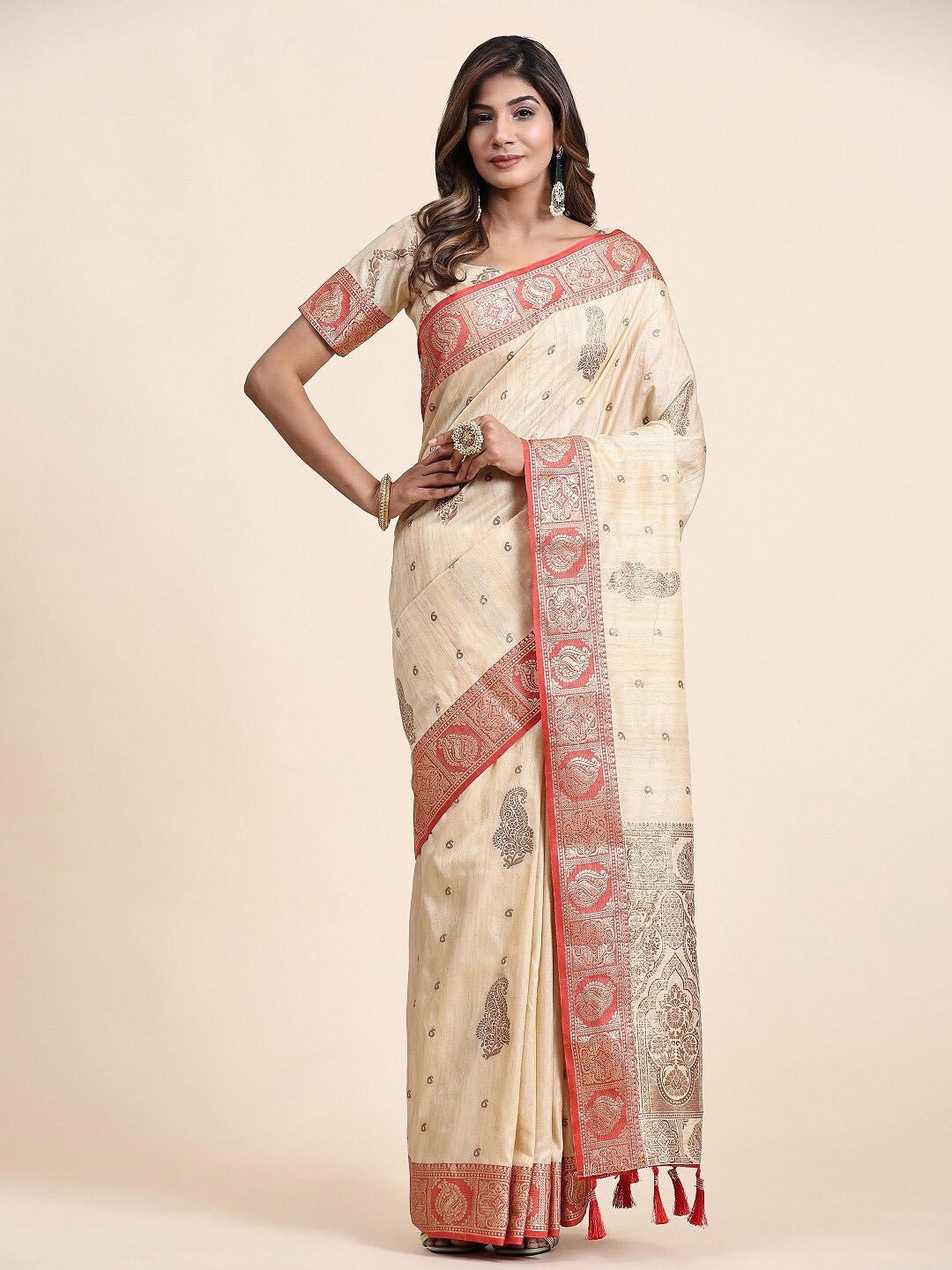 

faxofab Cream Coloured & Pink Ethnic Woven Cotton Zari Banarasi Saree