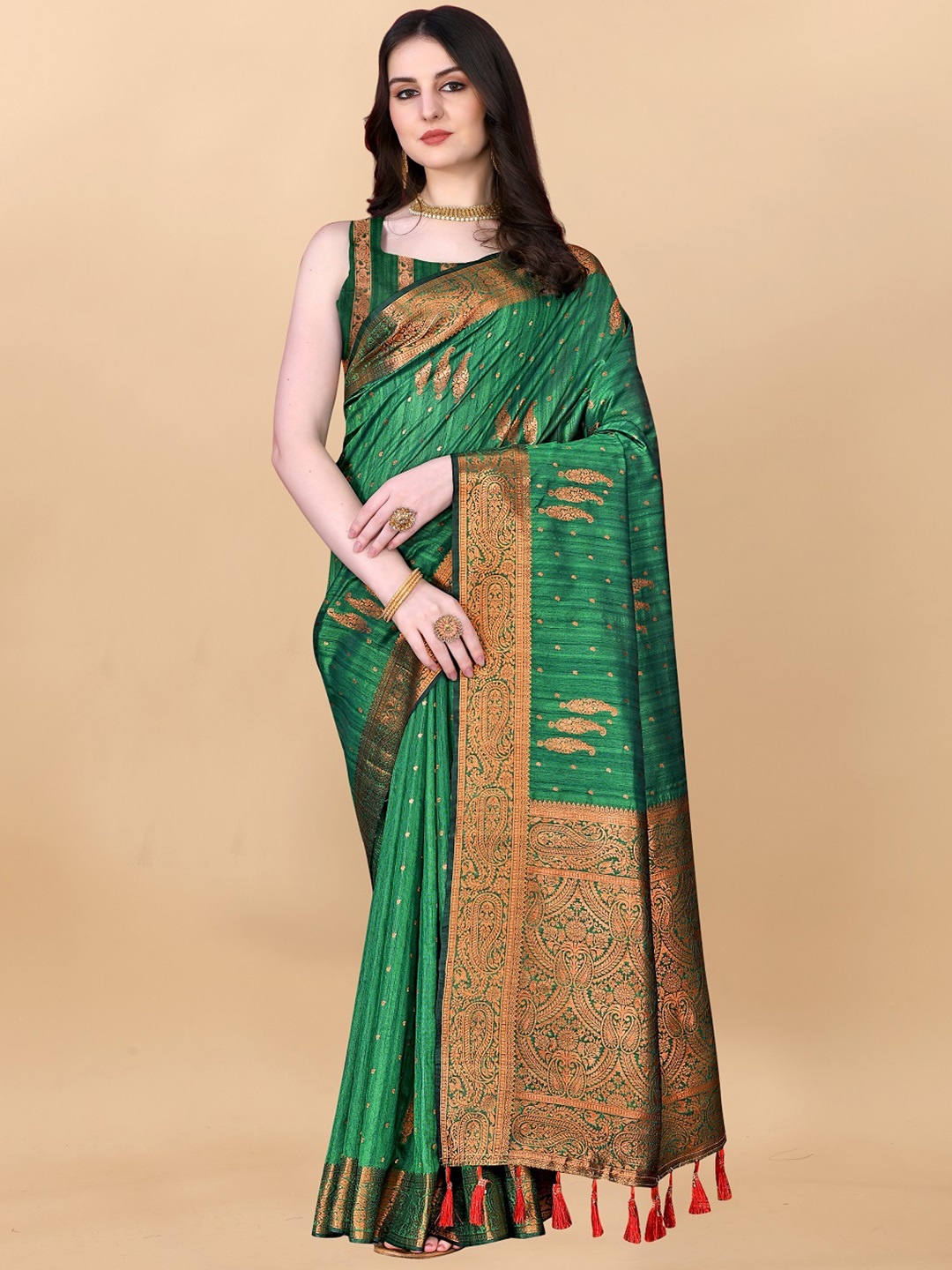 

faxofab Ethnic Woven Design Zari Silk Cotton Banarasi Saree, Green
