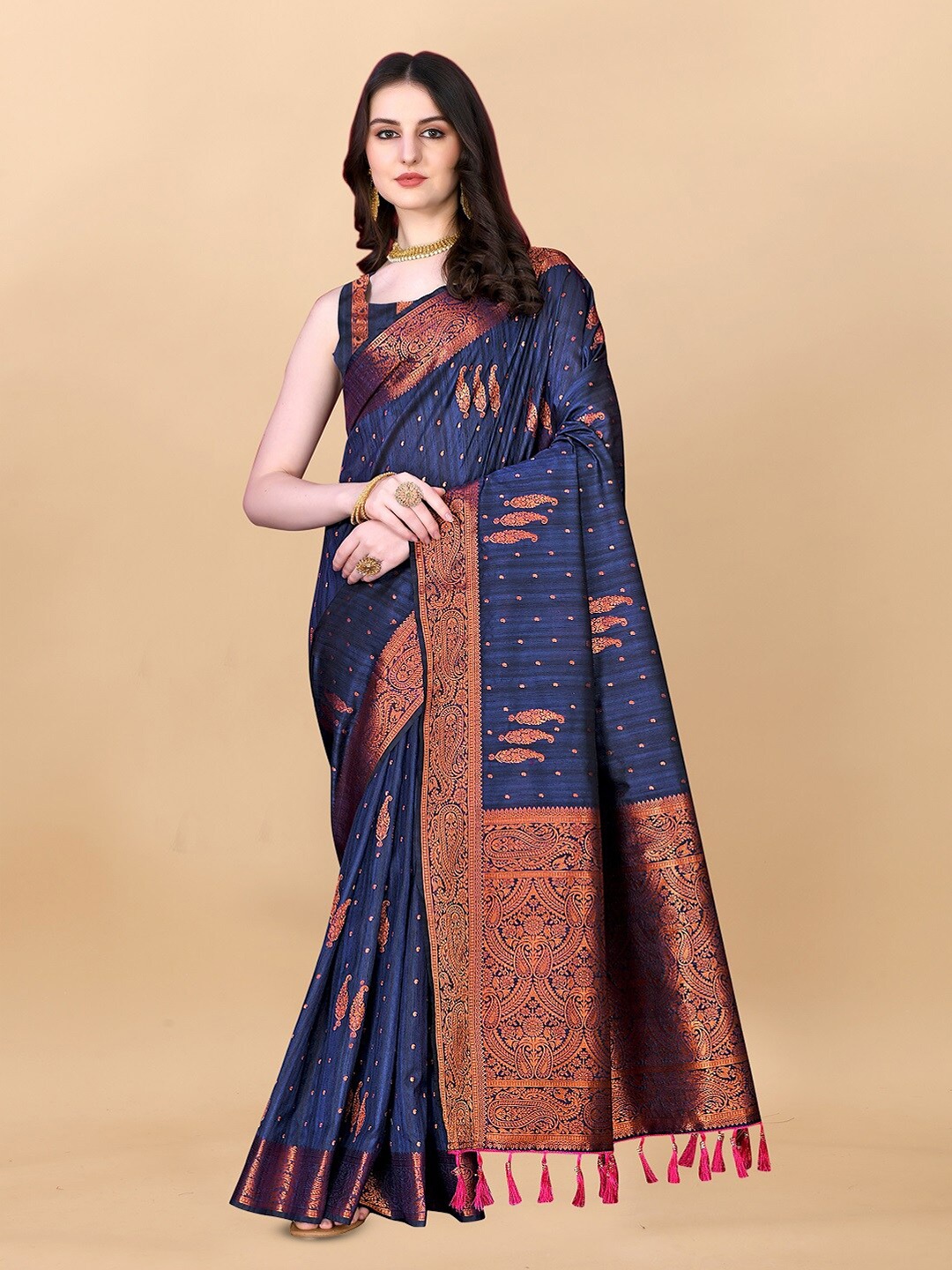 

faxofab Navy Blue & GoldToned Ethnic Woven Design Zari Silk Cotton Banarasi Saree