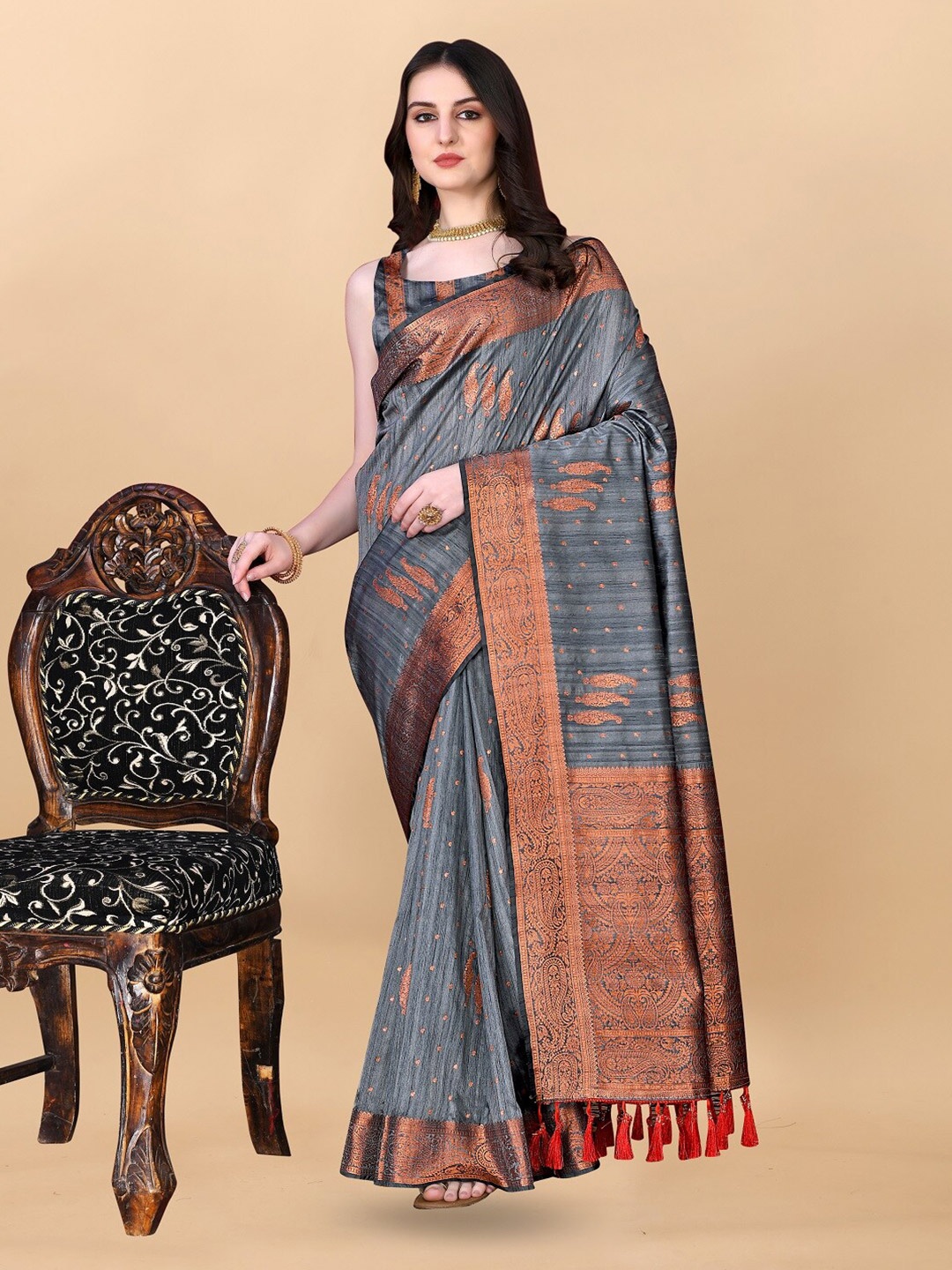

faxofab Grey & CopperToned Ethnic Motifs Zari Silk Cotton Banarasi Saree