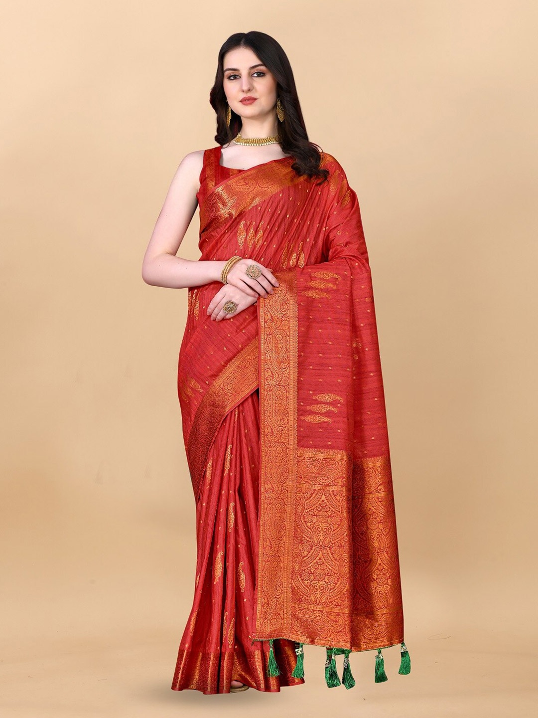 

faxofab Red & GoldToned Ethnic Woven Design Zari Silk Cotton Banarasi Saree