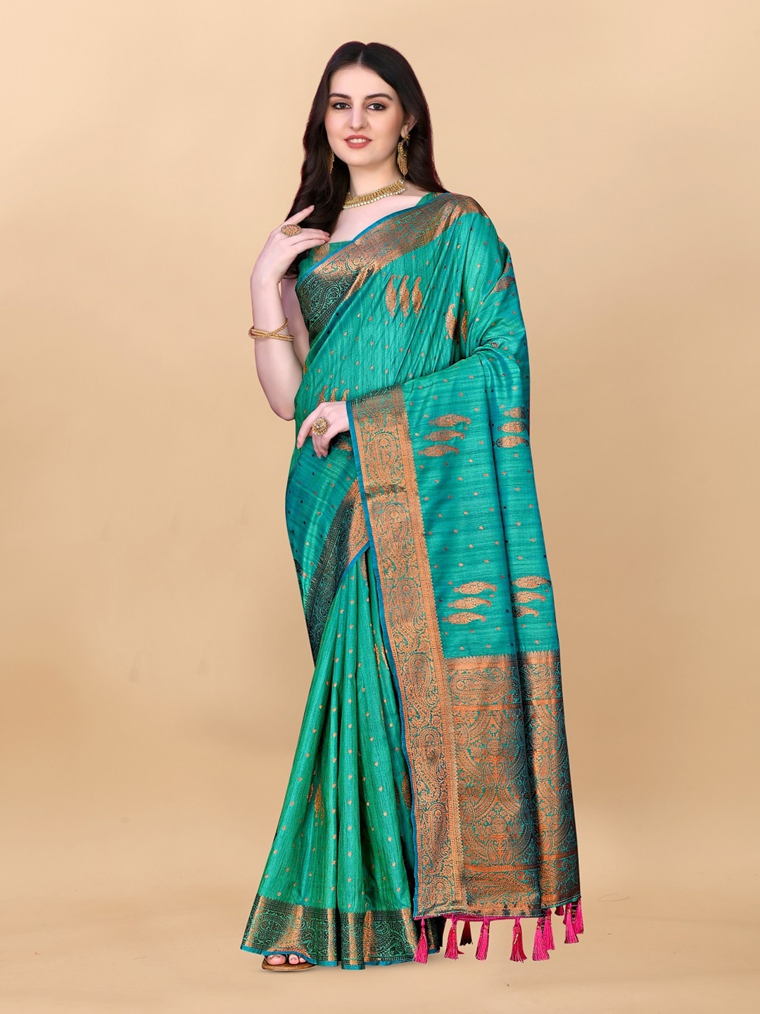 

faxofab Ethnic Motifs Woven Design Zari Silk Cotton Banarasi Saree, Teal