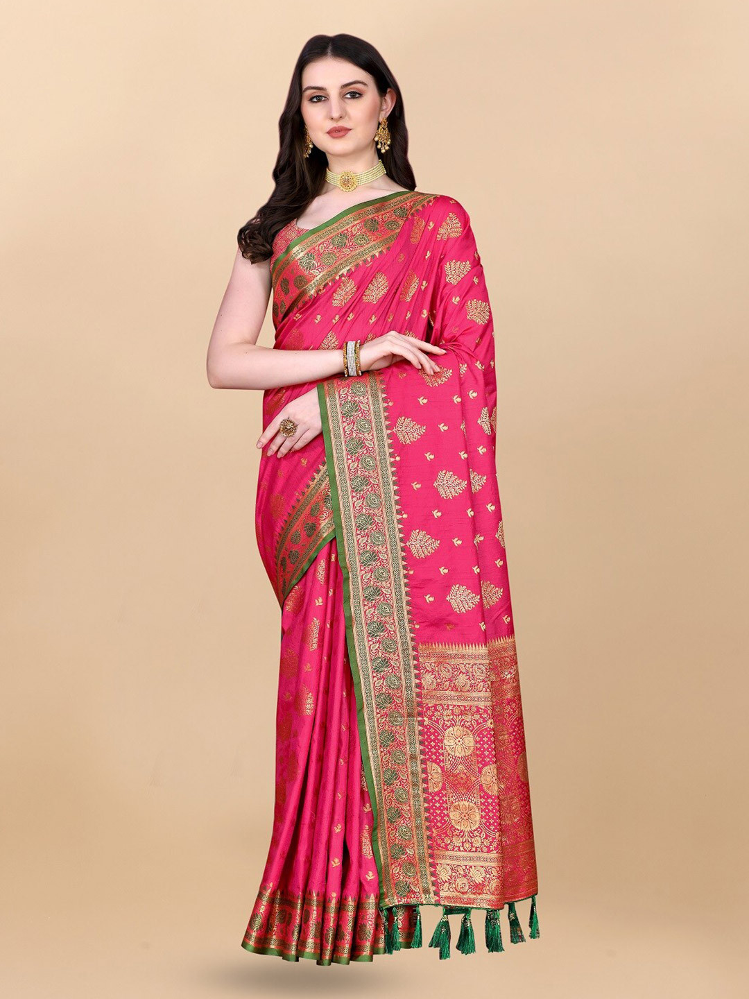 

faxofab Floral Woven Design Zari Banarasi Saree, Pink