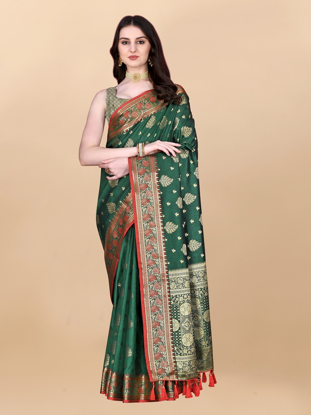 

faxofab Green & Orange Warli Zari Silk Banarasi Saree
