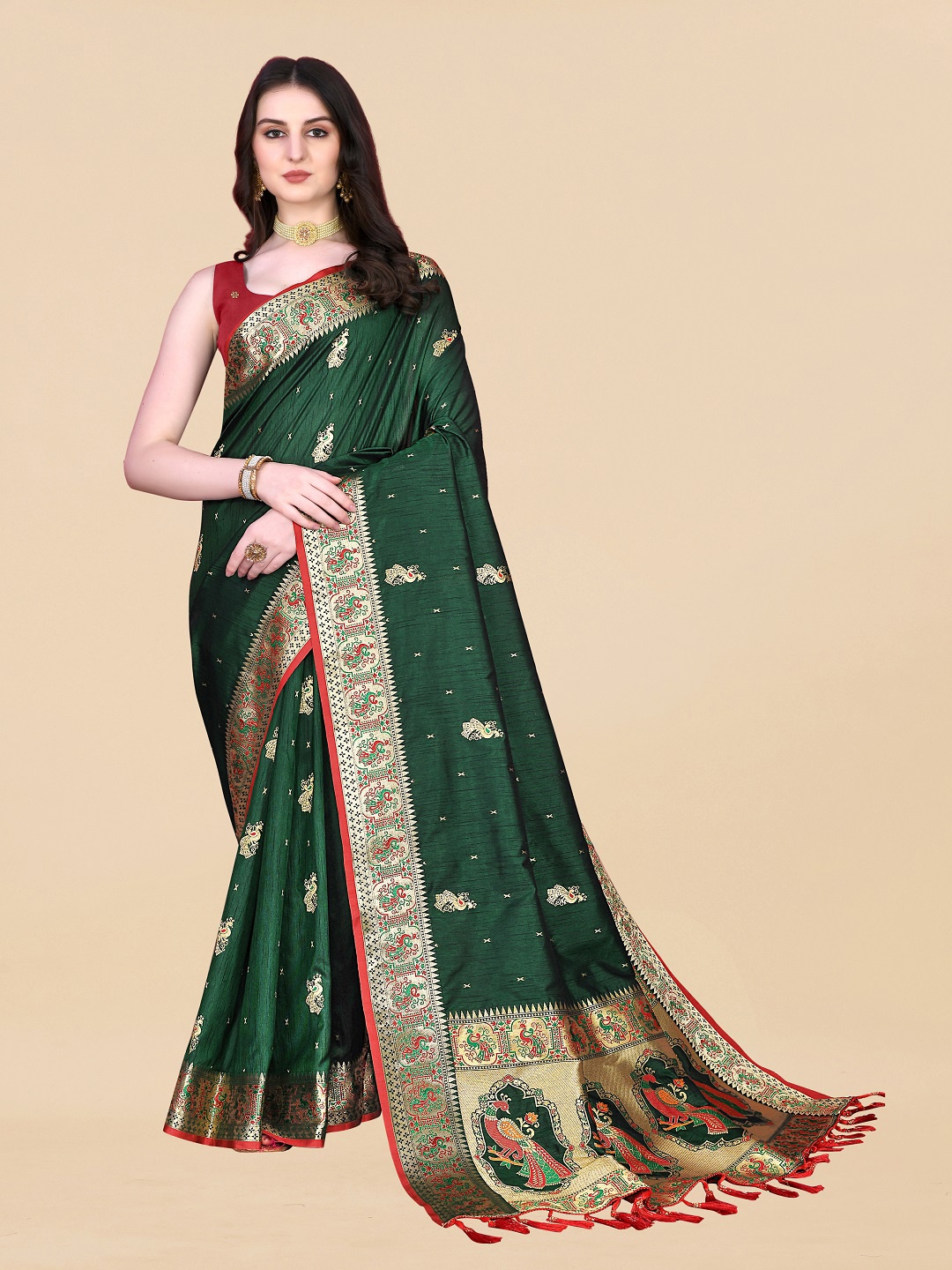 

faxofab Ethnic Woven Design Zari Pure Silk Banarasi Saree, Green