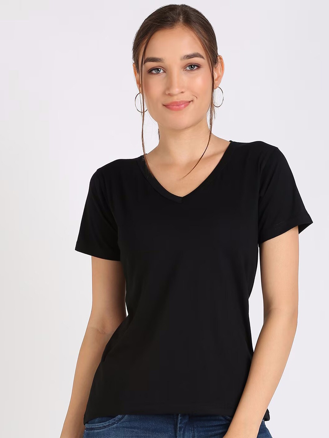 

COLOR CAPITAL V-Neck Short Sleeves Opaque Regular Top, Black