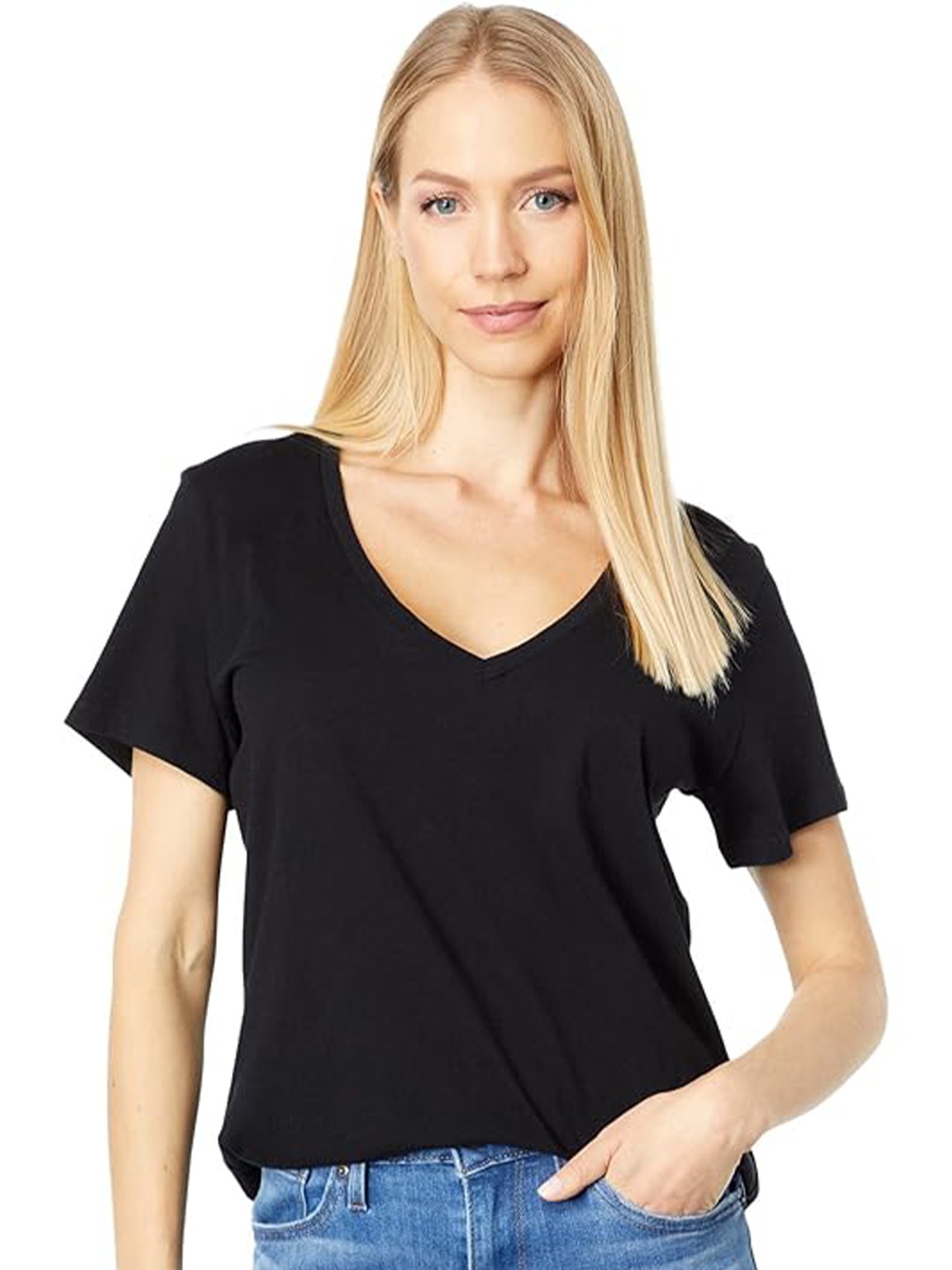 

COLOR CAPITAL V-Neck Short Sleeves Opaque Casual Top, Black