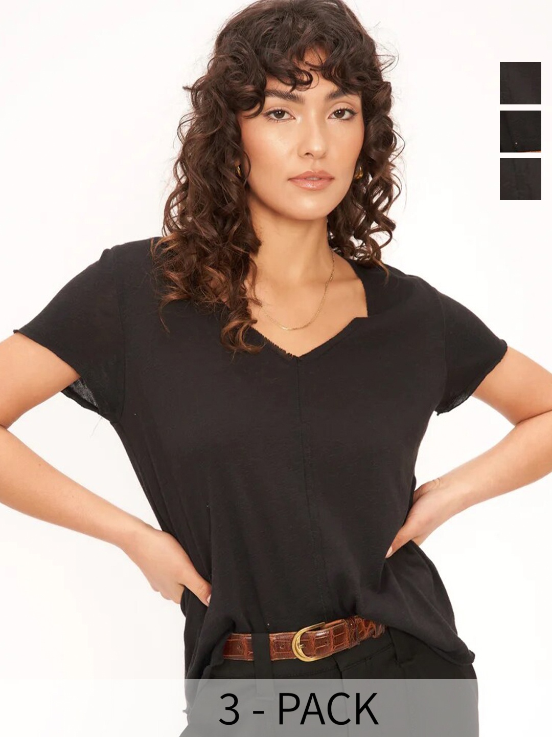 COLOR CAPITAL Pack of 3 V-Neck Short Sleeves Opaque Casual Top, Black