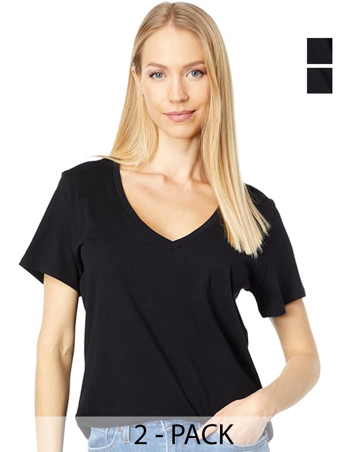 COLOR CAPITAL Pack of 2 V-Neck Short Sleeves Opaque Casual Top, Black