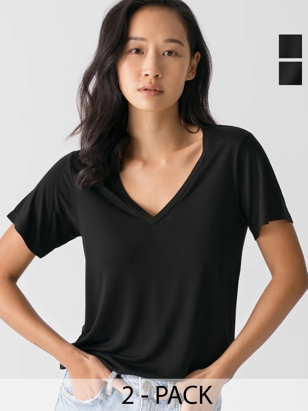 

COLOR CAPITAL Pack Of 2 V-Neck Short Sleeves Regular Casual Tops, Black