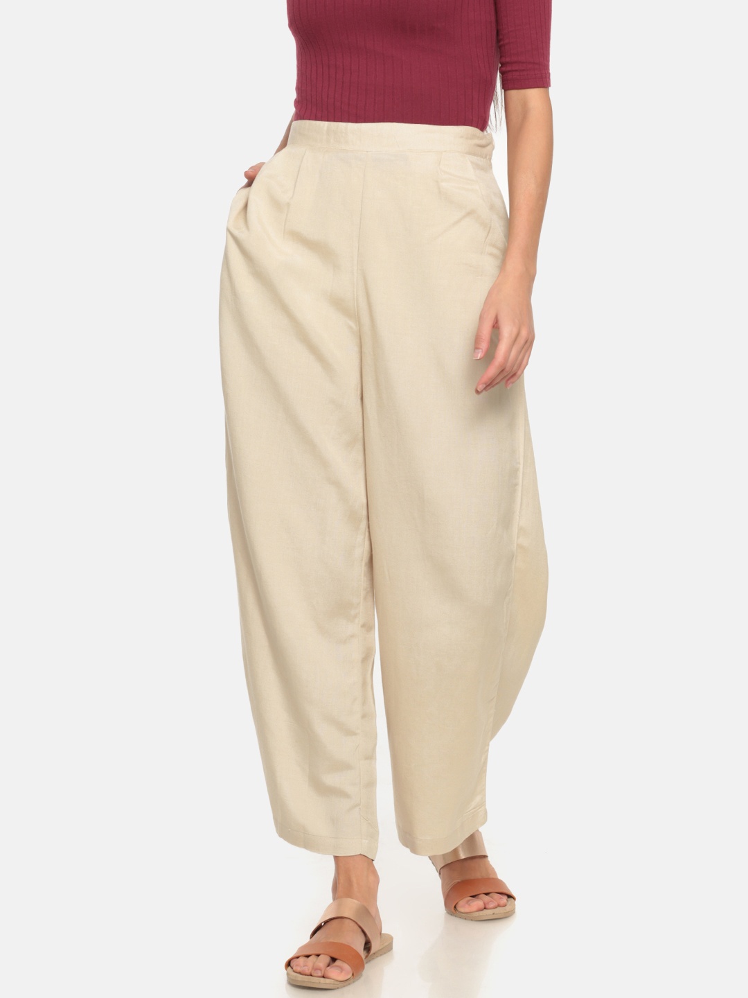

Go Colors Women Beige Wide Leg Solid Linen Palazzos
