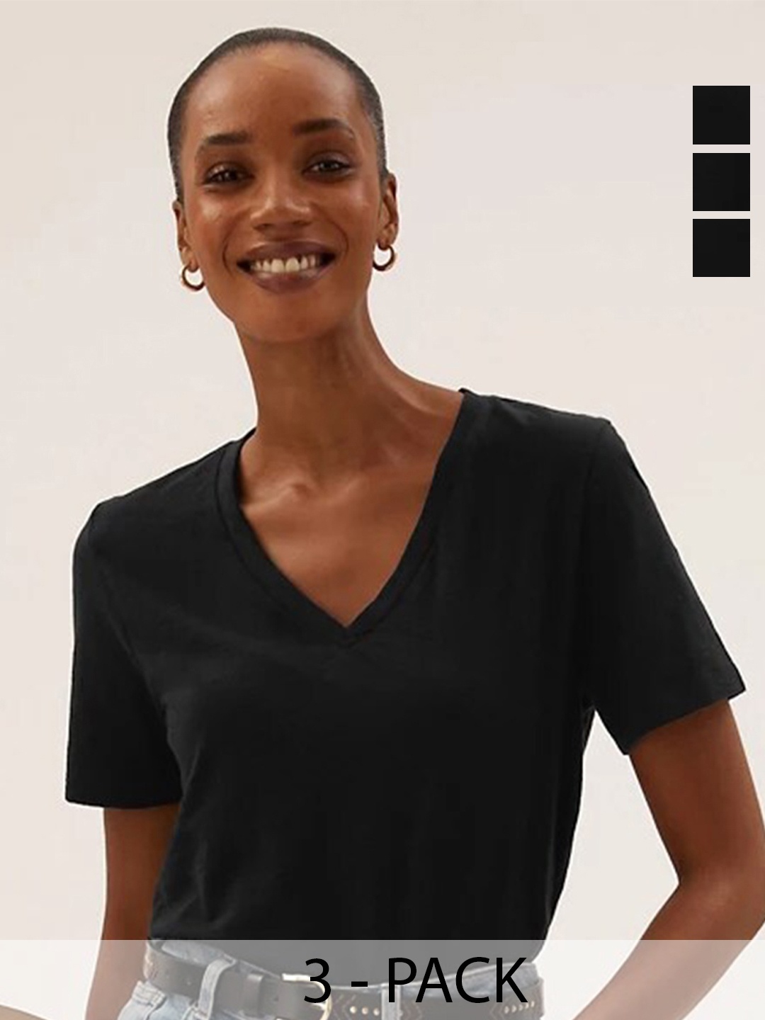 COLOR CAPITAL Pack of 3 V-Neck Short Sleeves Opaque Casual Top, Black