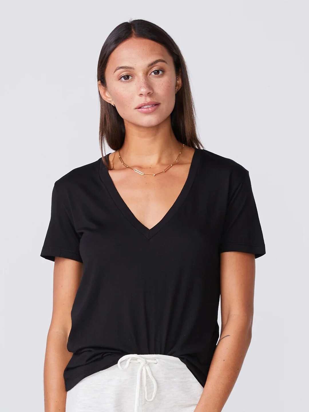 COLOR CAPITAL V-Neck Short Sleeves Opaque Casual Top, Black