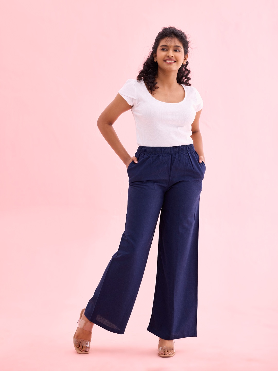

Go Colors Women Navy Blue Solid Wide Leg Palazzos