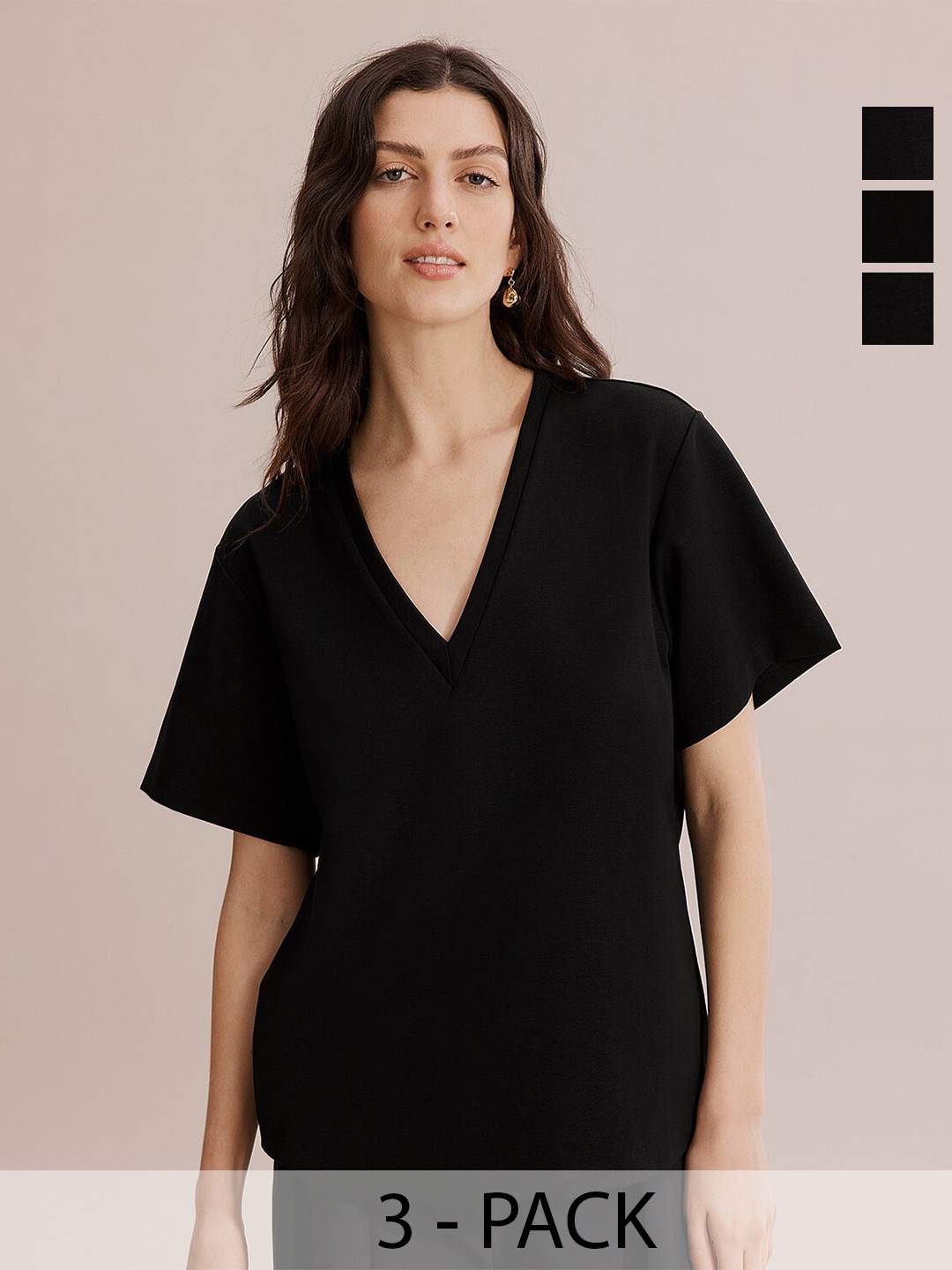 

COLOR CAPITAL Pack of 3 V-Neck Short Sleeves Opaque Casual Top, Black
