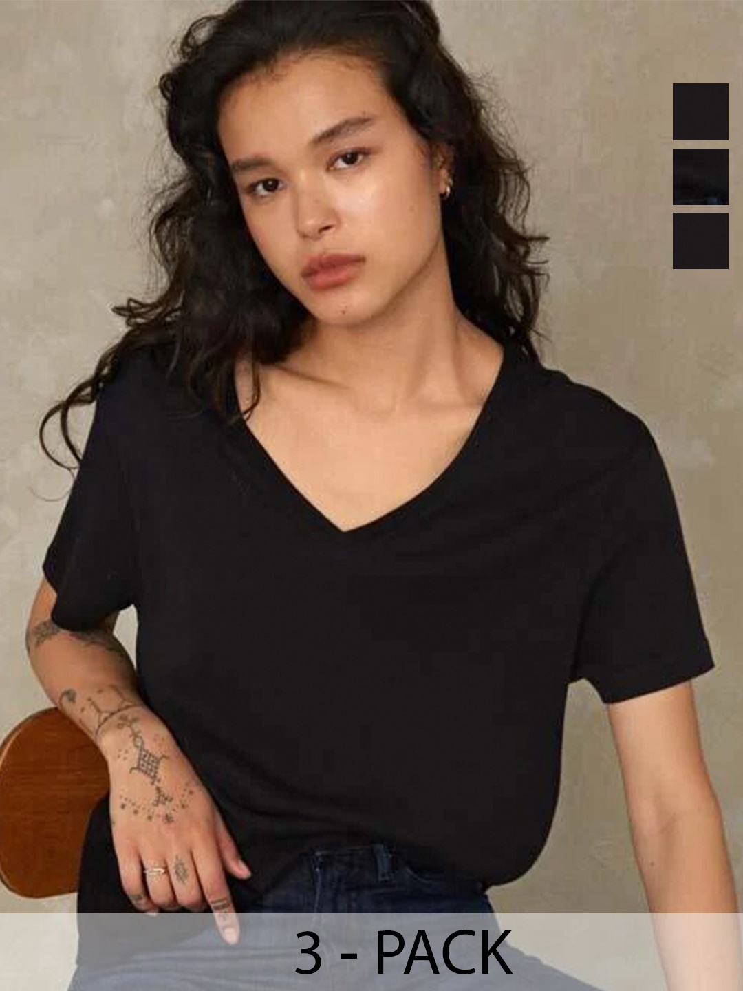 

COLOR CAPITAL Pack of 3 V-Neck Short Sleeves Opaque Casual Top, Black