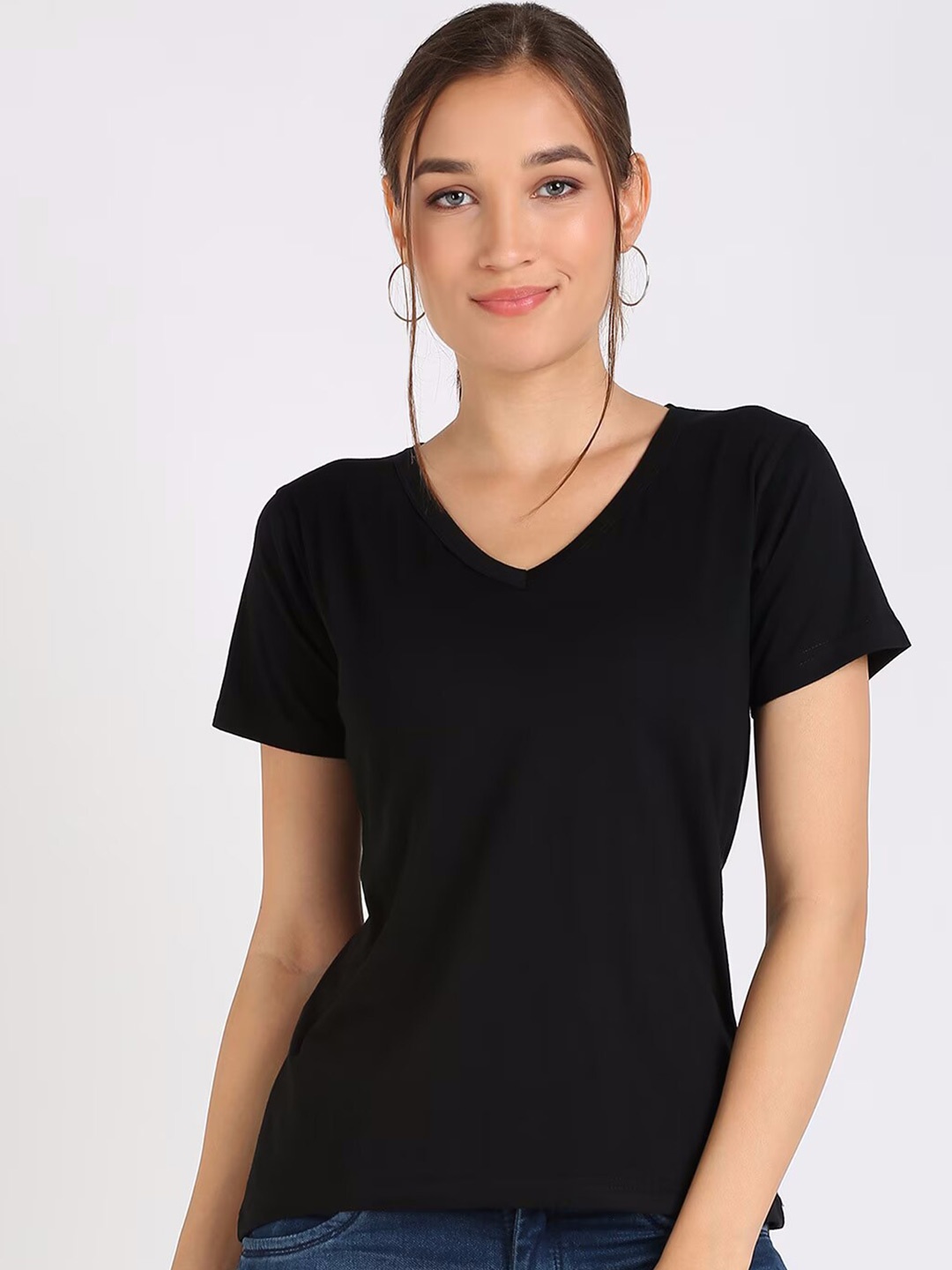 COLOR CAPITAL Pack of 2 V-Neck Short Sleeves Opaque Casual Top, Black
