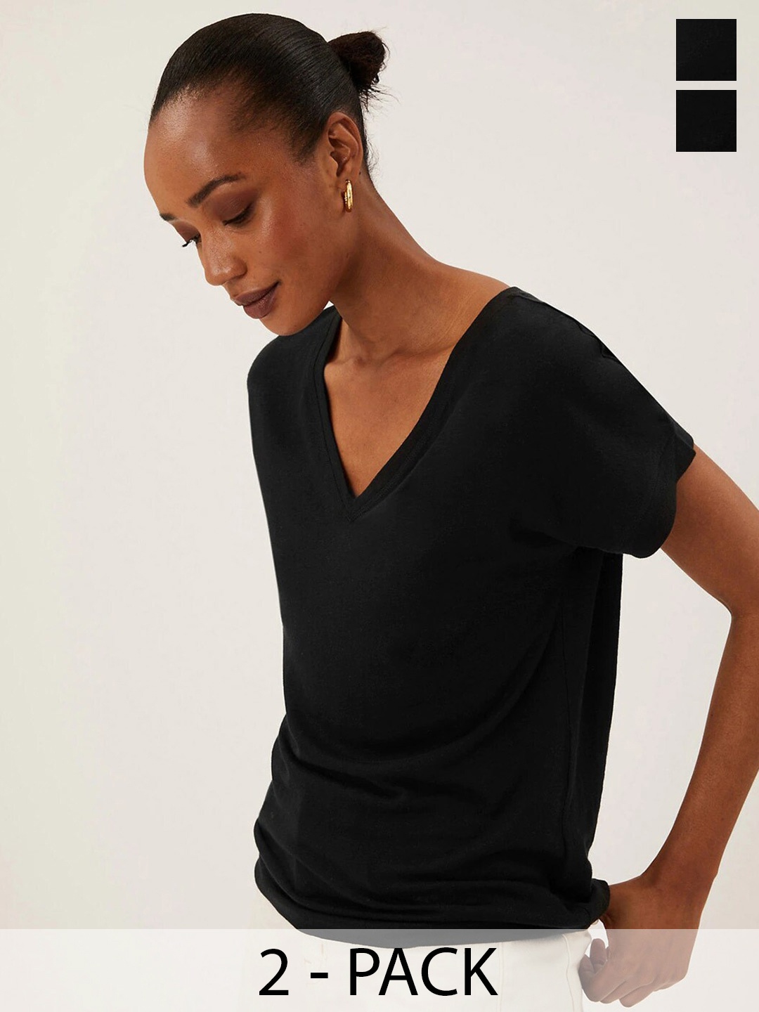 

COLOR CAPITAL Pack Of 2 V-Neck Short Sleeves Regular Casual Tops, Black